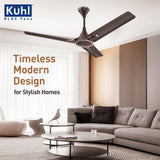 Modern living room with a ceiling fan, featuring Kühl BLDC Fans branding.