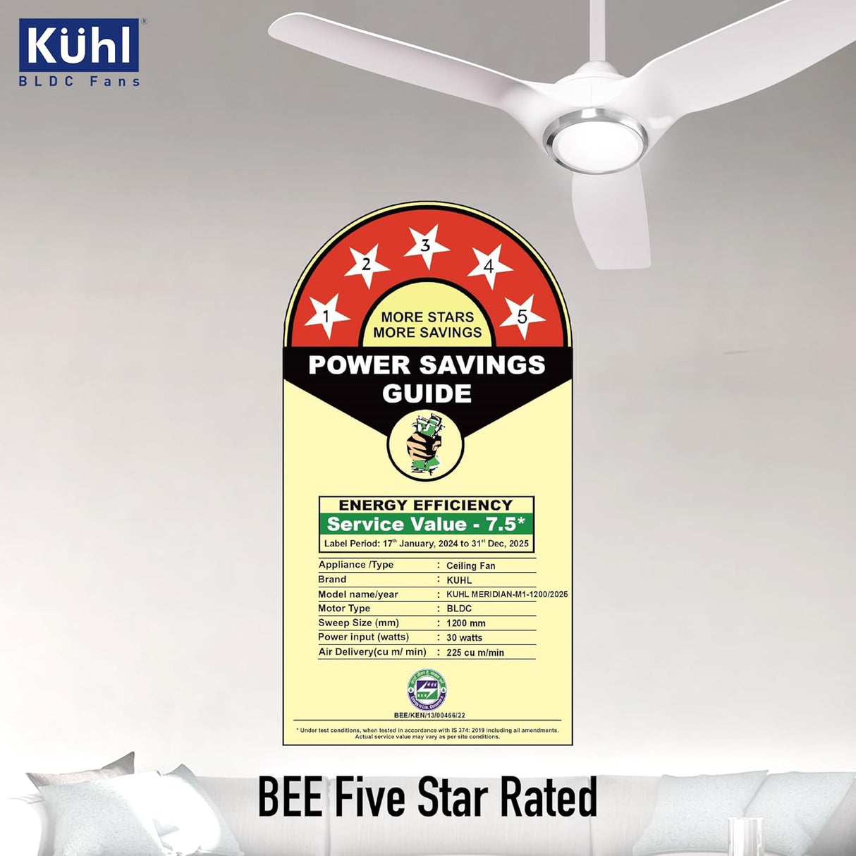 Kühl ceiling fan with a power savings guide label on a gray background