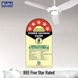Kühl ceiling fan with a power savings guide label on a gray background