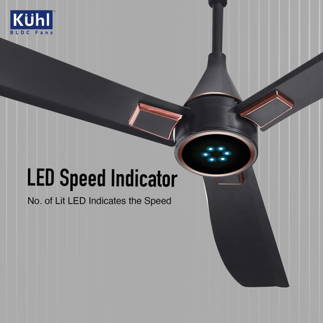 Ceiling fan with LED speed indicator on a gray background, featuring the Kuhl brand.