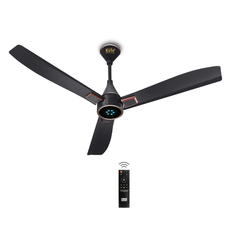 Black ceiling fan with remote control on a white background