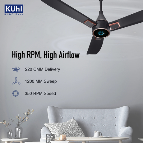 Ceiling fan with Kühl branding in a room with a sofa and decor items.
