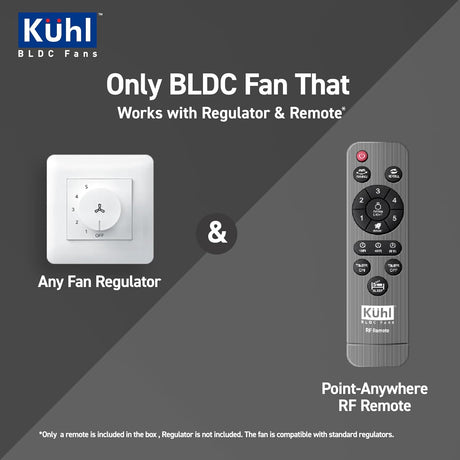 Kuhl BLDC fan system with regulator and remote on a gray background