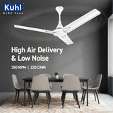 Kuhl ceiling fan in a room with a table and chairs, highlighting high air delivery and low noise features.