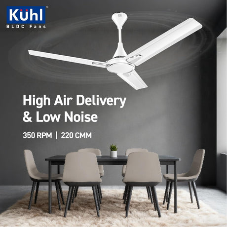Kuhl ceiling fan in a room with a table and chairs, highlighting high air delivery and low noise features.
