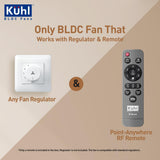 Käuhl BLDC fan system with regulator and remote control on a beige background