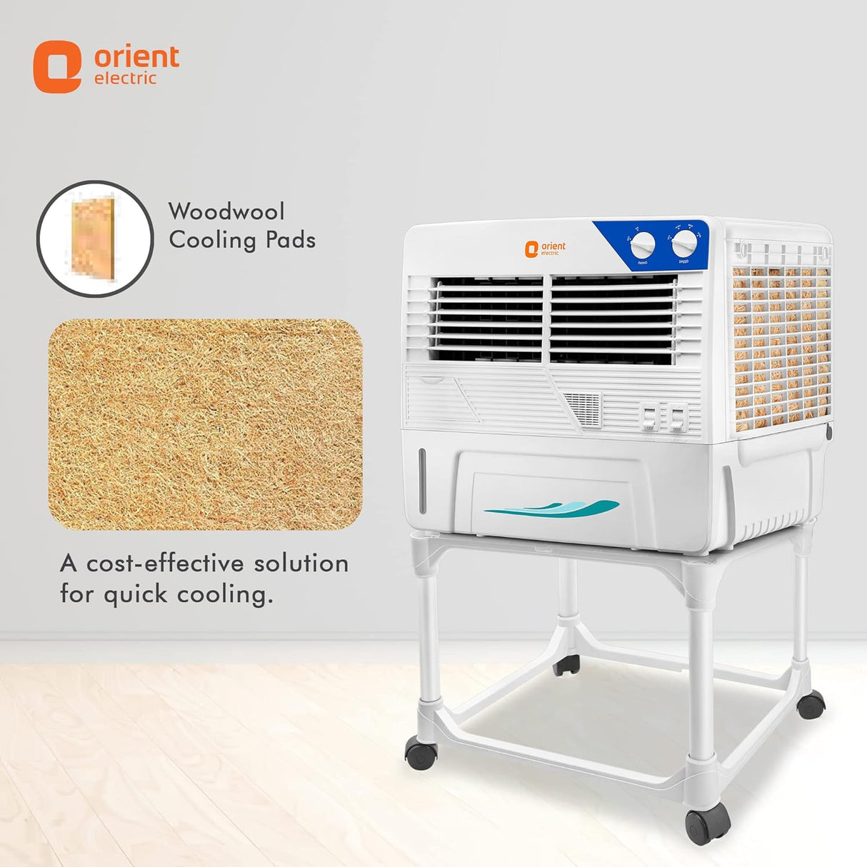 Orient Electric air cooler with woodwool cooling pads on a white background