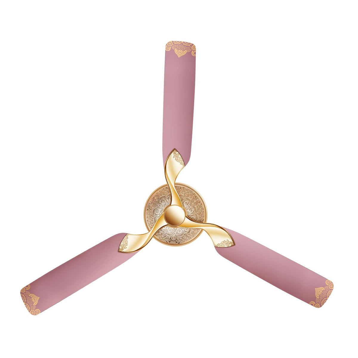Pink ceiling fan with gold accents on a white background