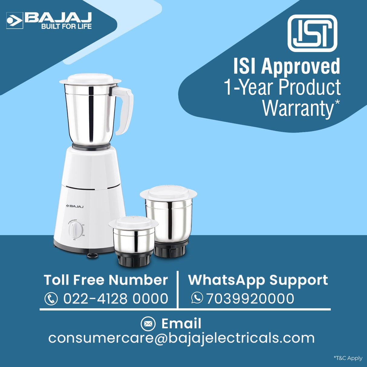 Bajaj GX-1 500 Watt Mixer Grinder with 3 Jars (White)