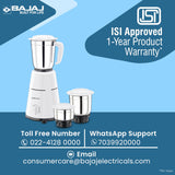 Bajaj GX-1 500 Watt Mixer Grinder with 3 Jars (White)