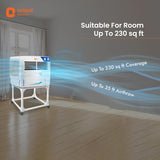Orient Electric air cooler in a room with text on coverage and airflow.