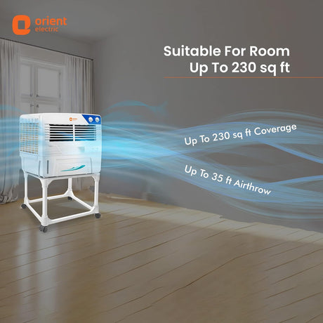 Orient Electric air cooler in a room with text on coverage and airflow.