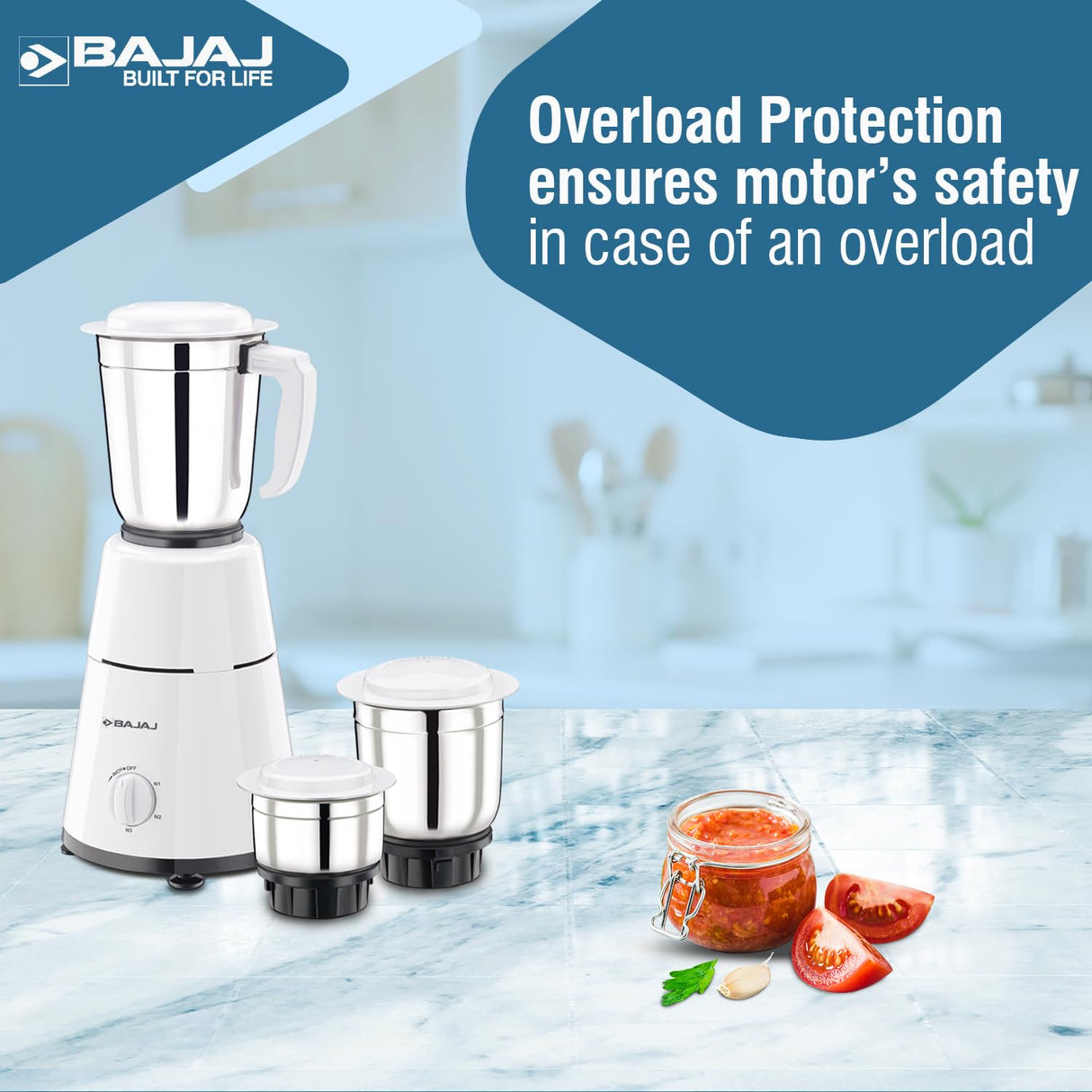 Bajaj GX-1 500 Watt Mixer Grinder with 3 Jars (White)