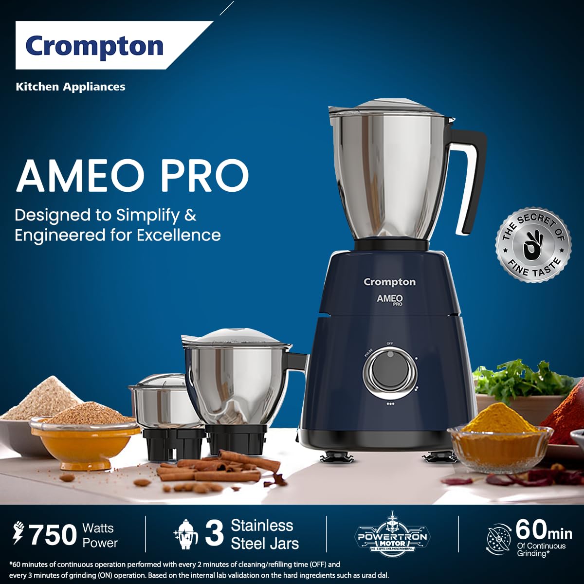 Crompton Ameo Pro 750W 3 Jar Mixer Grinder (Black & Blue)