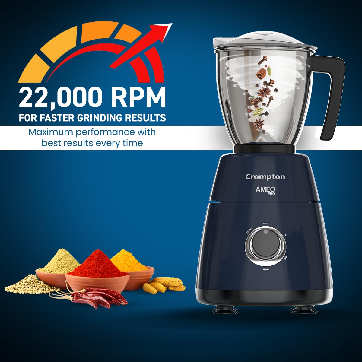 Crompton Ameo Pro 750W 3 Jar Mixer Grinder (Black & Blue)