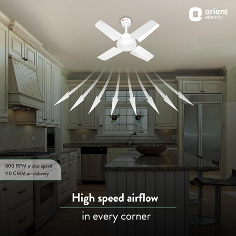 Ceiling fan in a kitchen with 'Orient Electric' branding, highlighting high-speed airflow.