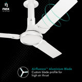 White ceiling fan with 'nex' branding on a black background
