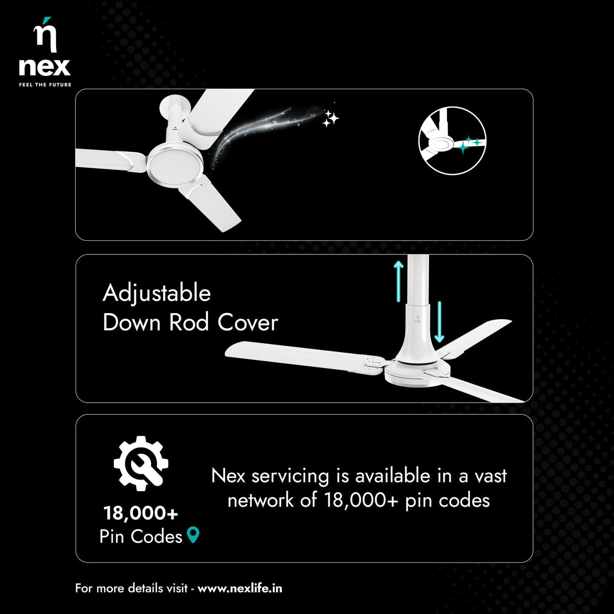 Ceiling fan with adjustable down rod cover feature and Nex branding.