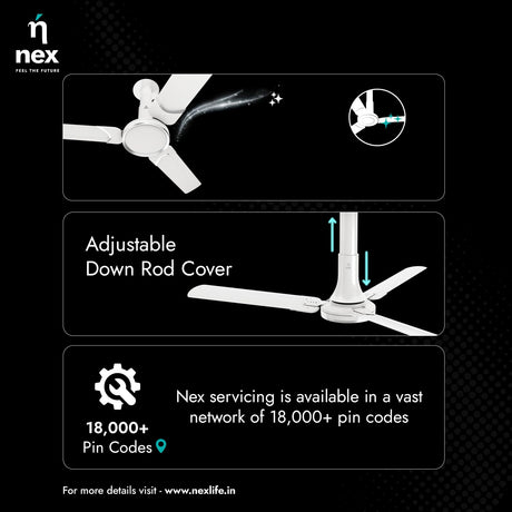 Ceiling fan with adjustable down rod cover feature and Nex branding.