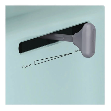 Shaver head with coarse and fine settings labeled on a light blue background