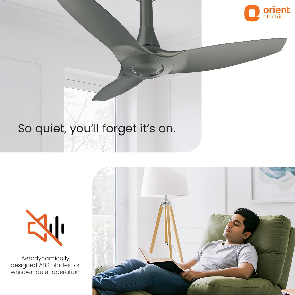 Ceiling fan with a person relaxing in a chair, featuring Orient Electric branding.
