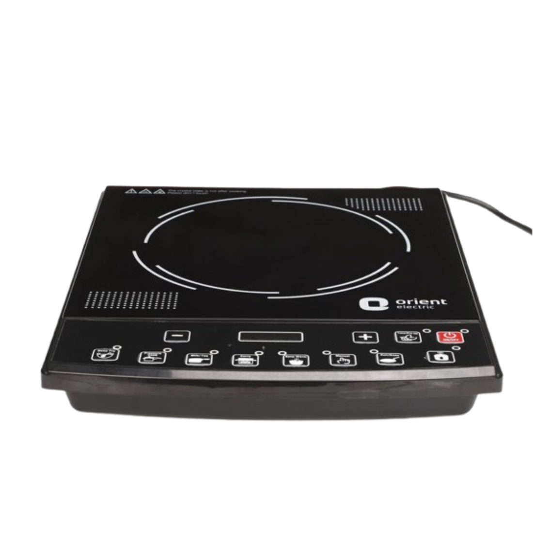 Black induction cooktop with control panel on a white background, featuring the 'Orient' brand.