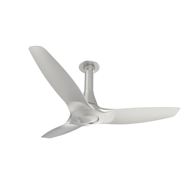 Ceiling fan with three white blades on a white background