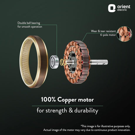 Orient Electric copper motor with labeled features on a dark background
