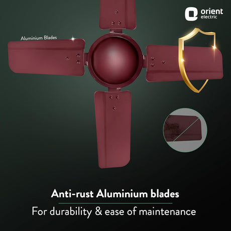 Red ceiling fan with anti-rust aluminium blades on a dark background, featuring Orient Electric logo.