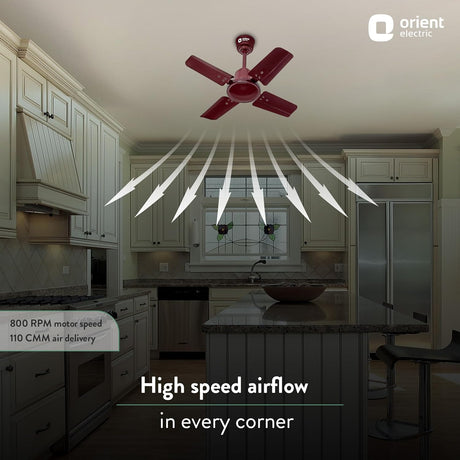 Ceiling fan in a kitchen with text highlighting high-speed airflow, Orient Electric branding visible.
