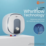An Orient Heat Whirlflow Technology water heater shown on a white pedestal against a light blue background, with product text and a circular inset demonstrating the whirlflow effect.
