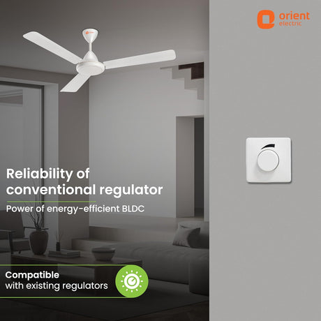 Ceiling fan and energy-efficient BLDC regulator in a modern living room setting with Orient Electric branding.