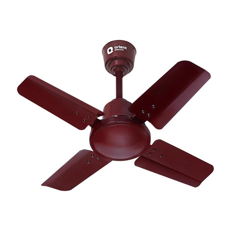 Red ceiling fan with four blades on a white background