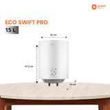 White water heater labeled 'ECO SWIFT PRO' with dimensions on a white background, featuring the Orient Electric logo.