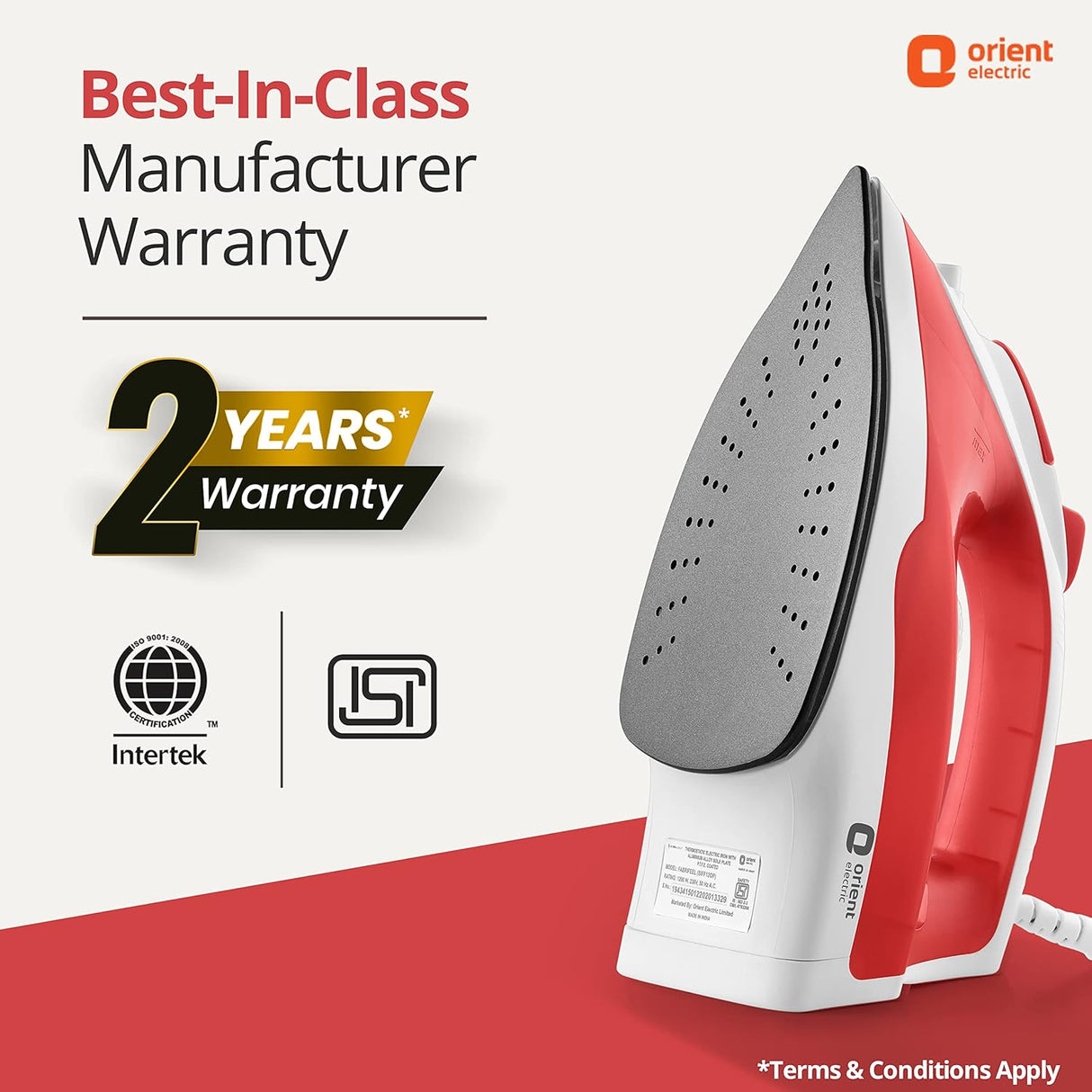 Red and white iron with 'Best-In-Class Manufacturer Warranty' text and Orient Electric logo on a white background.