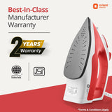 Red and white iron with 'Best-In-Class Manufacturer Warranty' text and Orient Electric logo on a white background.