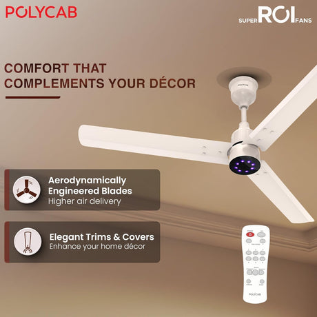 Ceiling fan with remote control on a brown background, featuring Polycab branding.
