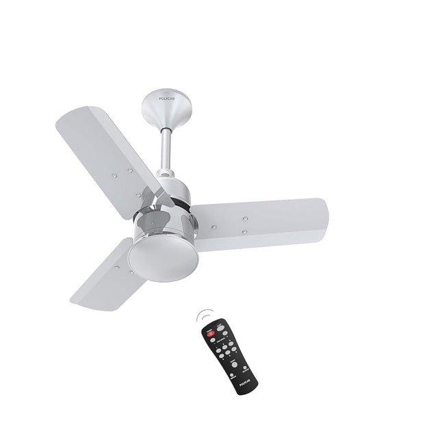 White ceiling fan with remote control on a white background