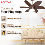 Ceiling fan with remote control, sofa, and Polycab branding on a white background