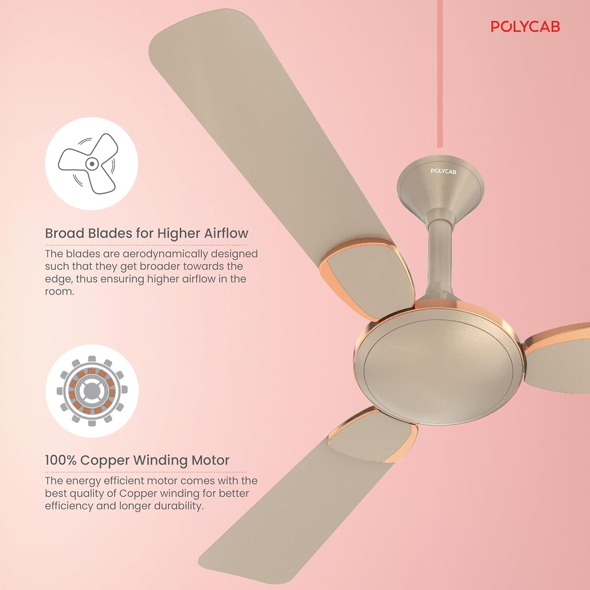 Ceiling fan with POLYCARB branding on a pink background
