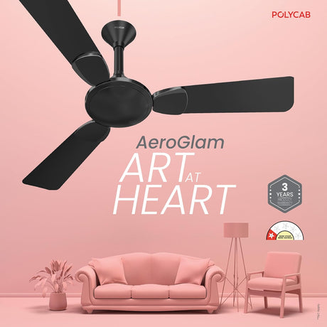 Black ceiling fan with pink furniture and 'AeroGlam' branding on a pink background