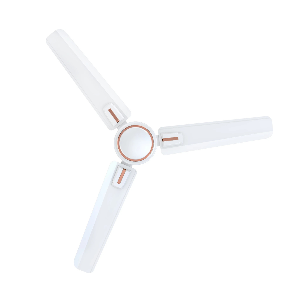 White ceiling fan with copper accents on a white background