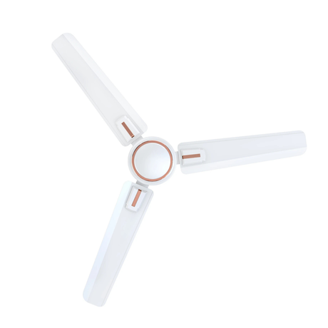 White ceiling fan with copper accents on a white background