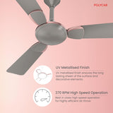 Ceiling fan with UV metallised finish and 370 RPM high speed operation on a pink background, featuring Polycab brand.
