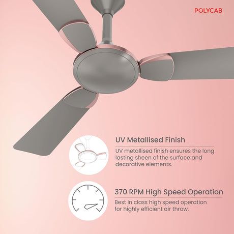 Ceiling fan with UV metallised finish and 370 RPM high speed operation on a pink background, featuring Polycab brand.