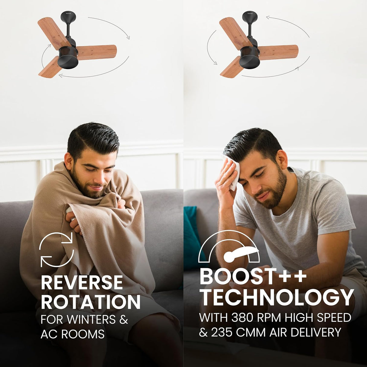 A Polycab silencio mini ceiling fan comes with Reverse Rotation Features for winters and AC rooms and Boost Technology with high speed  380 RPM and 235 CMM air delivery .