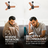 A Polycab silencio mini ceiling fan comes with Reverse Rotation Features for winters and AC rooms and Boost Technology with high speed  380 RPM and 235 CMM air delivery .