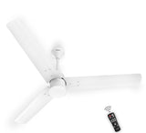A matte satin white ceiling fan with a remote control, featuring three blades and a sleek modern design.