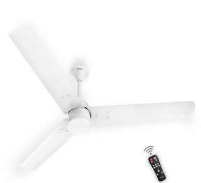 A matte satin white ceiling fan with a remote control, featuring three blades and a sleek modern design.