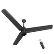 A matt black ceiling fan with a remote control, featuring three blades and a central motor unit.